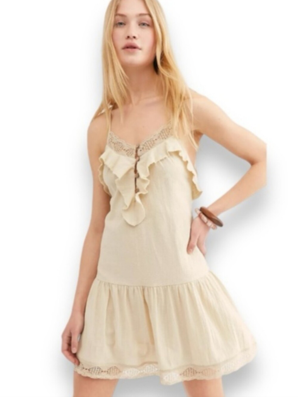 FREE PEOPLE Frill Seeker Lace-Trim Detail Ruffle Drop Waist Dress M